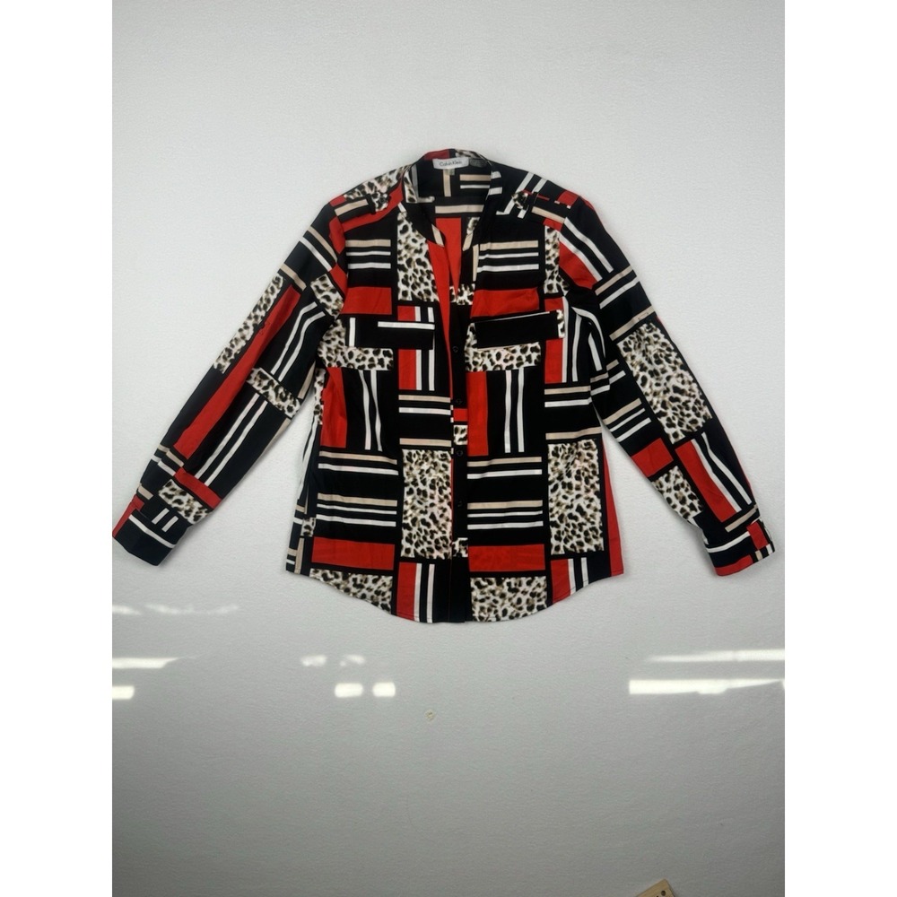 Women's Calvin Klein Red, Black And Cheetah Block Print‎ Blouse Size Small
